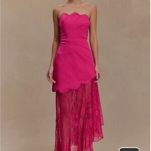 Meshki Aleena Strapless Satin and Lace Maxi Dress in Dragonfruit